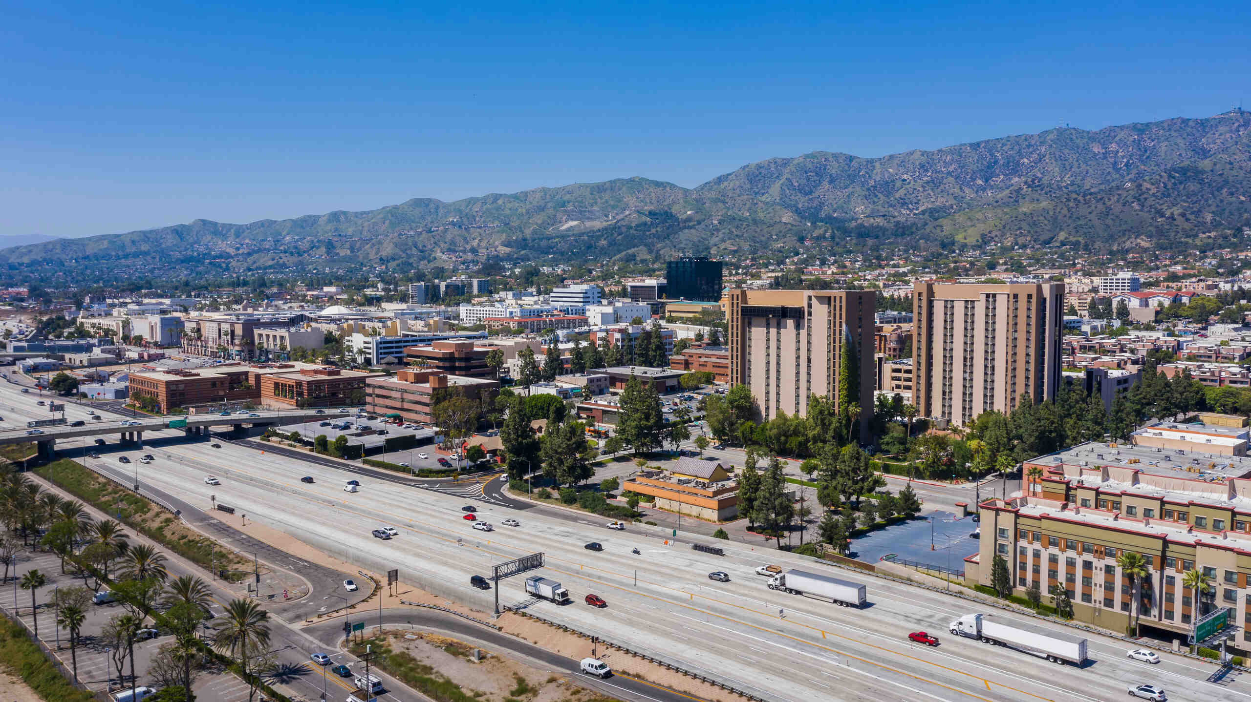 Aerial view of Burbank highways and mountains where victims seek help from Burbank drunk driving accident lawyers.
